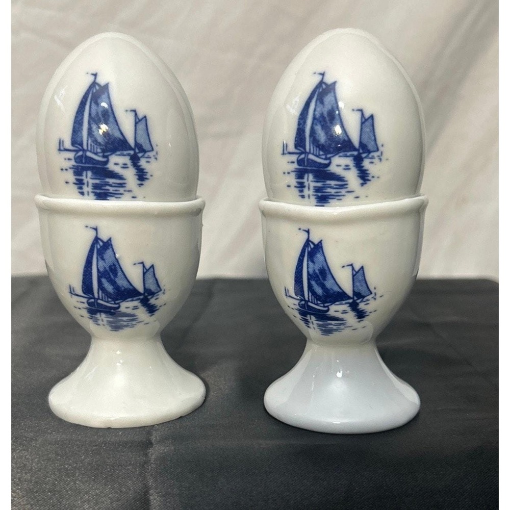 Vintage Delft Style Sailboat Salt & Pepper Shakers w/ Egg Cup Pedestal Bases 4pc